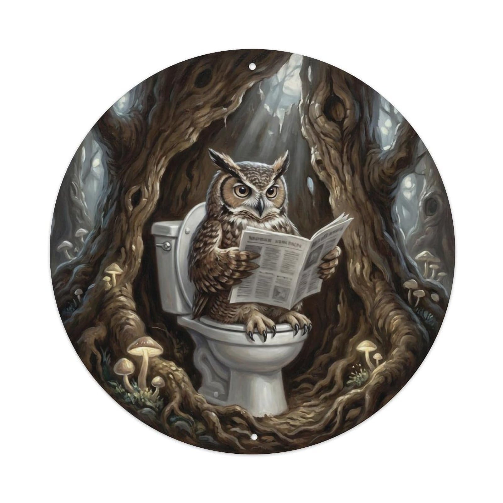 Owl On Toilet Humorous Bathroom Ancient Tree Hollow Metal Tin Sign