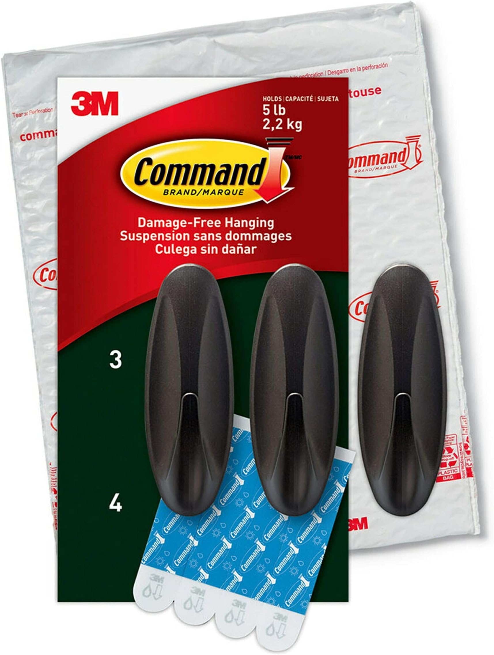 Command Outdoor Large Hooks, Bronze, Holds up to 5 lbs, 3-Hooks, 4-Strips, Decorate Damage-Free