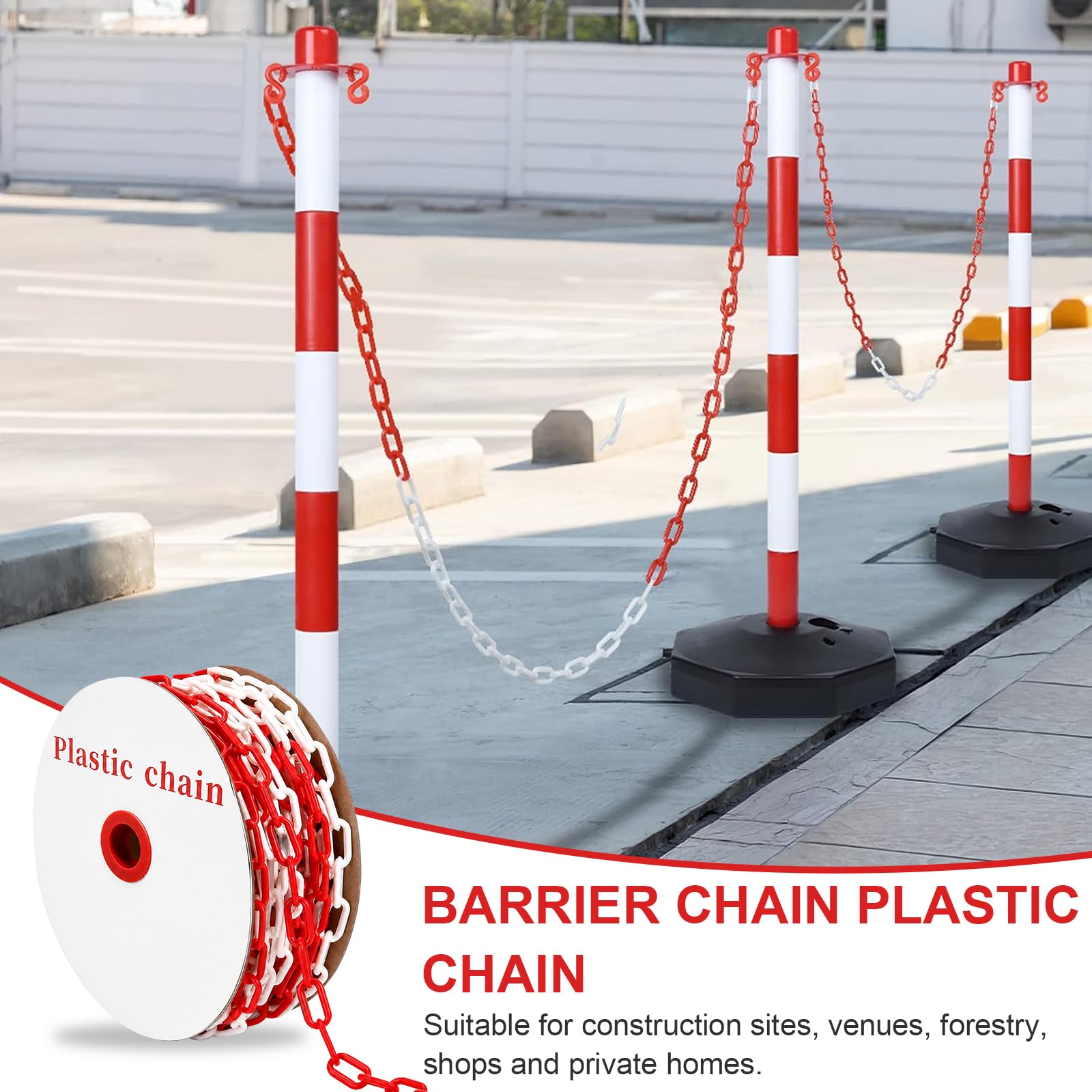 Chaîne de sécurité en plastique rouge et blanc, 50 m, chaîne d'avertissement de 6 mm | Chaîne en plastique avec crochet en S rouge et blanc pour chantier, parking et entretien des commandes