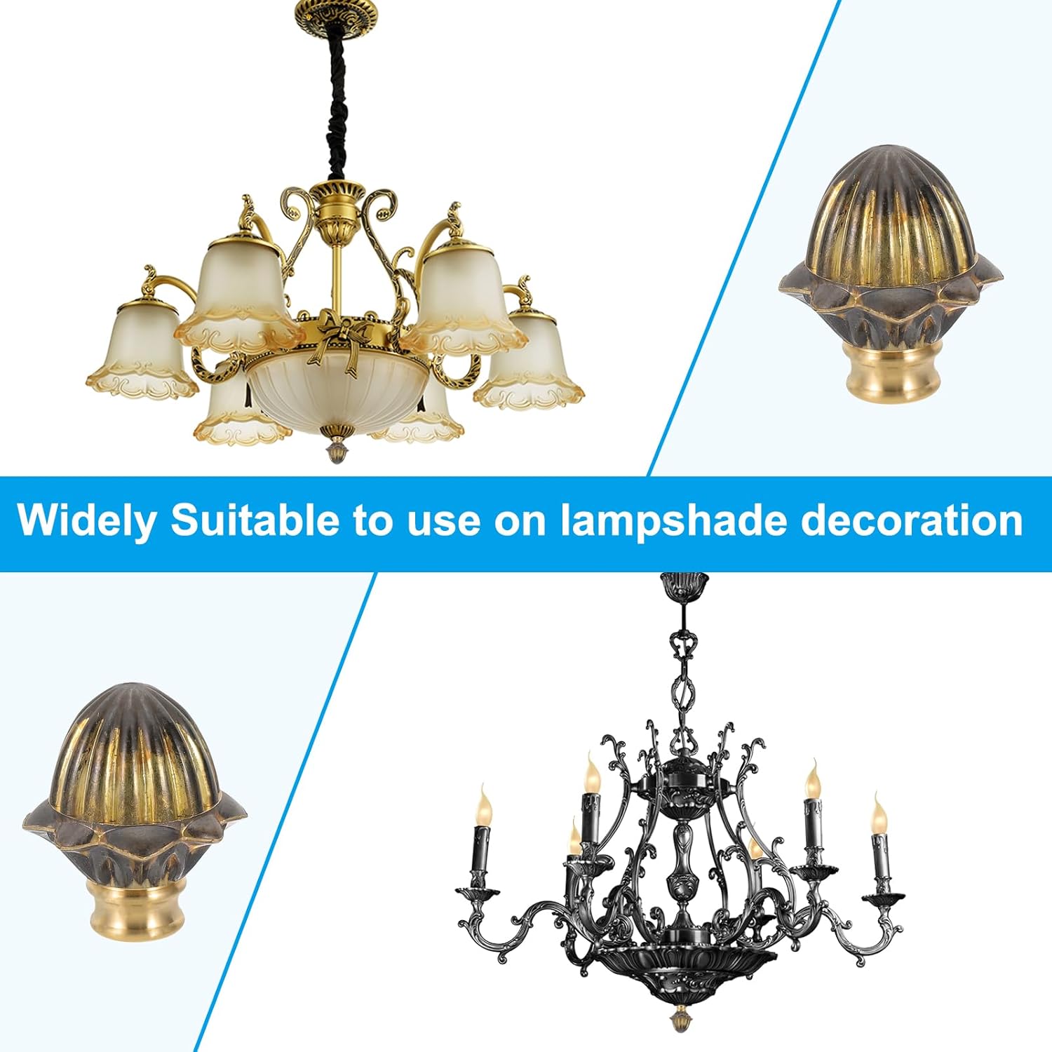 PATIKIL 42 x 48mm Lamp Finials Caps Knob, 1 Set Solid Brass Lamp Shade Top Decoration Screw Cap Nuts with Brass Reducing Adapter for Table Lamps Floor Lamps, Retro Vintage