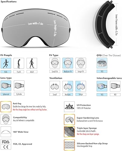 Miniatura 8 de COPOZZ Ski Goggles Kids, Youth Snowboard Goggles for Boys Girls Toddler Age 2-12,OTG UV400 Helmet Compatible Skiing Equipment