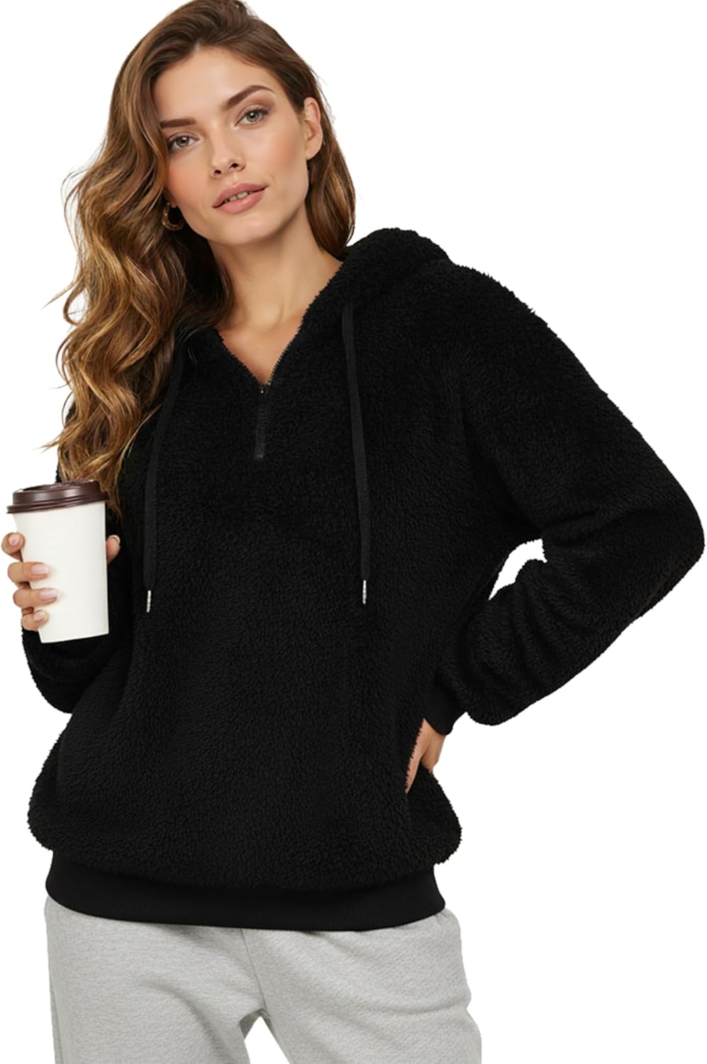 AURUZA Womens Fuzzy Hoodies Pullover Hoodie for Women Zip Oversized Plush Hoodie - Image 2