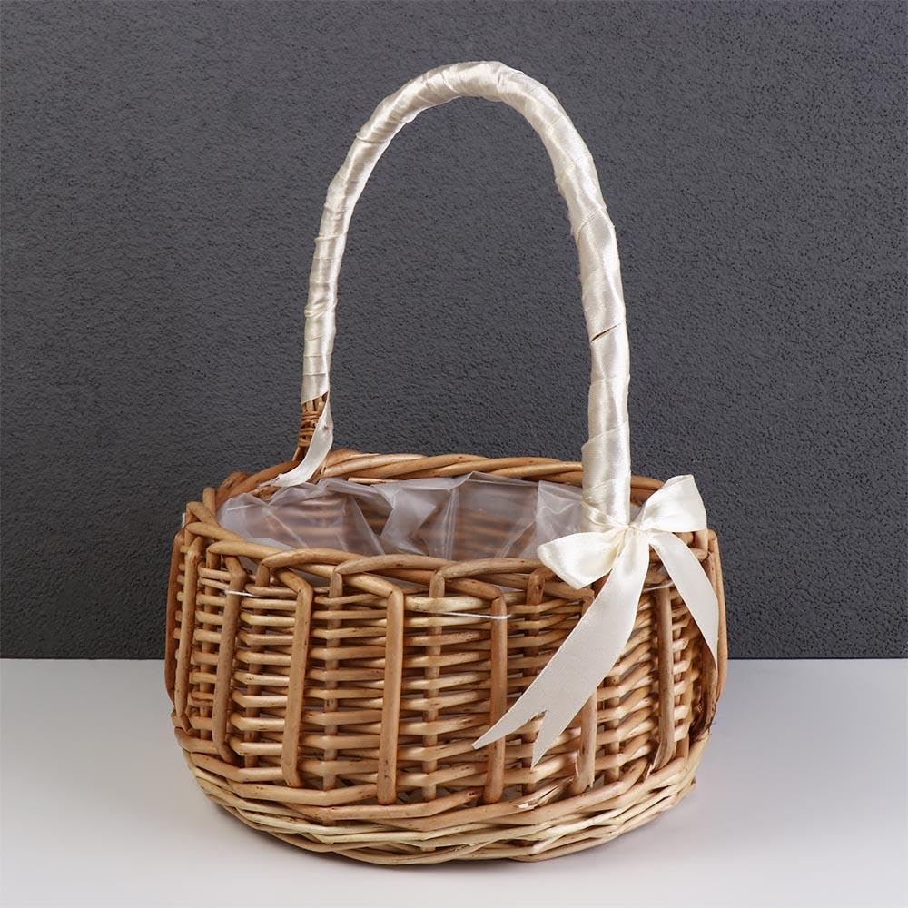 Cesto in vimini per damigelle, cestino per fiori in rattan, con manico e nastro, per feste di nozze (S, rosa)