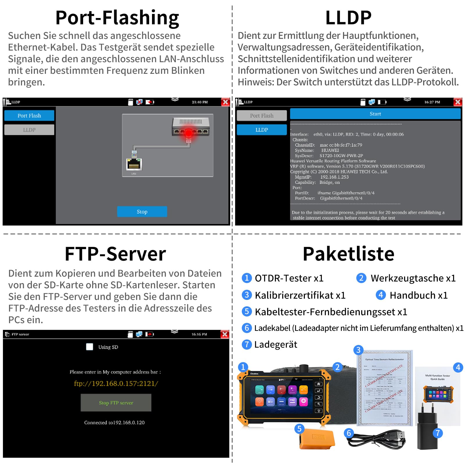 Henkion OTDR Fiber Optic Tester 1310/1550 nm 26/24 dB Glasfasermessgerät, Automatik/Parametermodus, OPM, LS, OLS, Ereigniskarte, Kabeltester, 8 Fasernadapter, Datei- und Berichtseinstellung