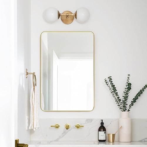 Espejo de pared para baño, espejo de esquina redondeada, marco de metal negro, 22 x 30 pulgadas, se cuelga horizontal o vertical