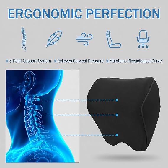 Car Neck Support Pillow - Memory Foam Car Seat Headrest for Relieving Neck Fatigue with Adjustable Strap & 2 Vehicle Hooks, Breathable Removable Cover for Driver or Passenger, Black Border