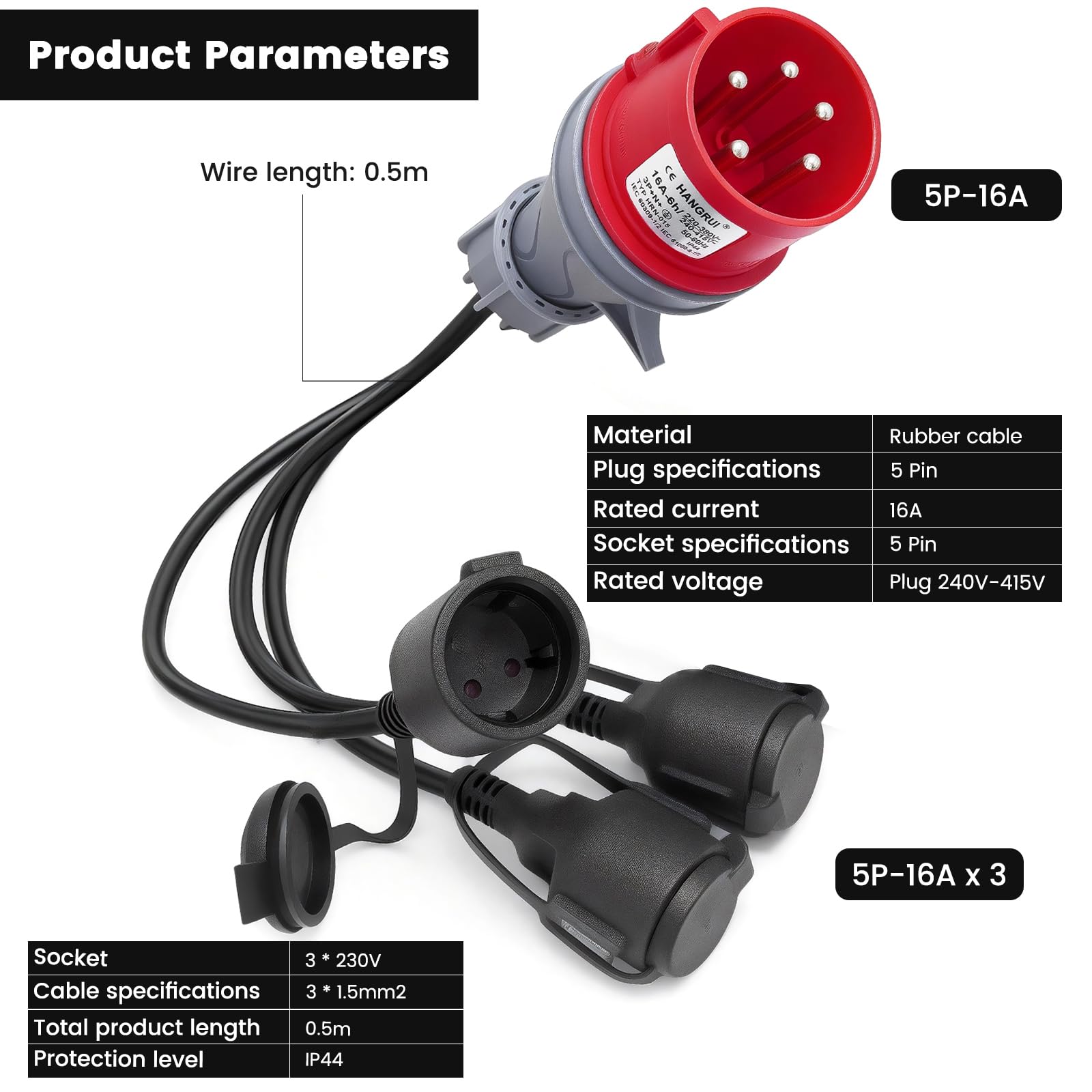 Adaptador Cee 400v a 3x 230v, Distribuidor De Corriente 16a Con Cable De Extensión, Enchufe Industrial Ip44 Impermeable Para Camping, Caravana, Taller Y Obras, Extensor Enchufe De Alta Resistencia