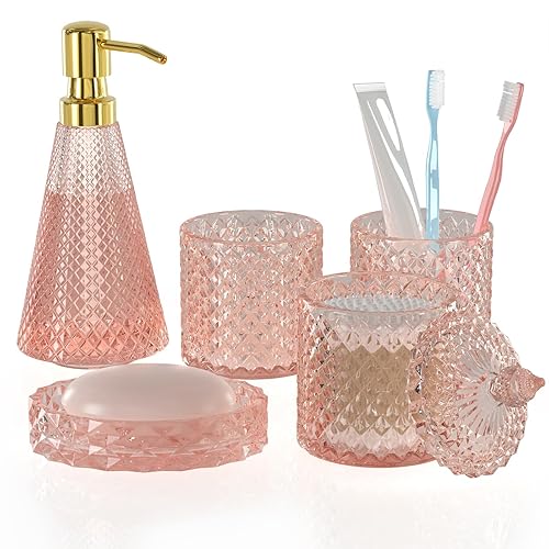 Pink Glass Bathroom Accessories Set 5 Pcs, Pink Bathroom Set,