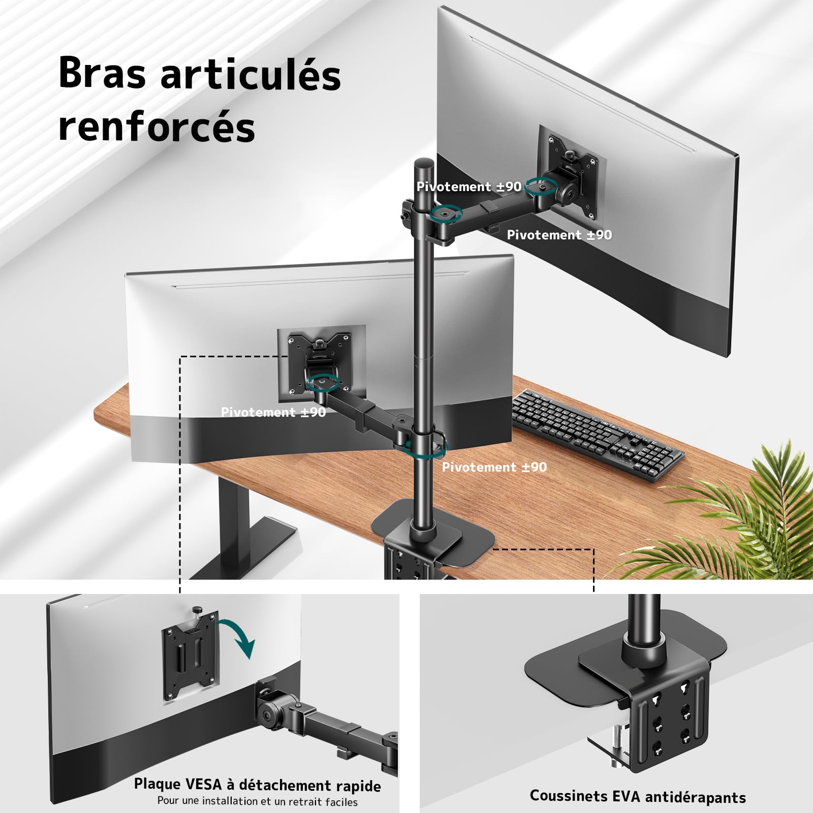 Bras Double écran Robuste pour écrans de 17 à 49",Réglable 360° & VESA Rapide, Compatible Écrans Plats/Curved, Gestion Câbles & Gain de Place