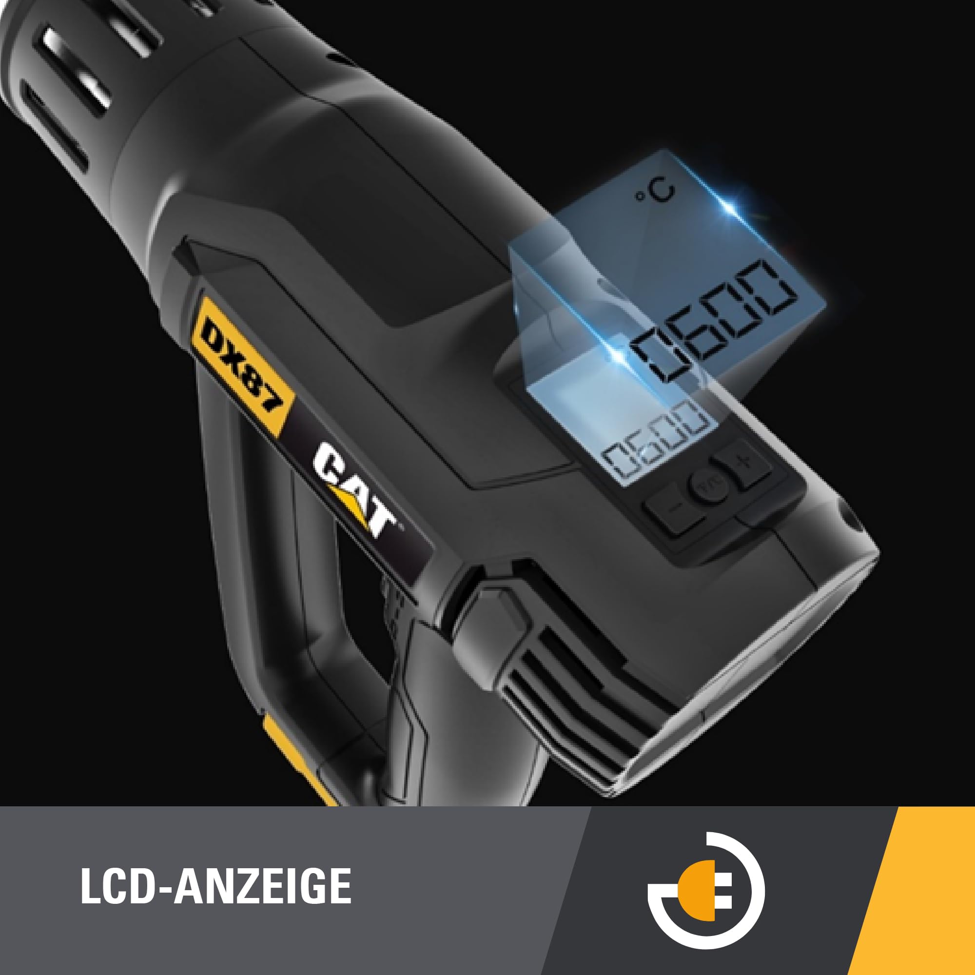 CAT DX87 Heißluftpistole 2000W, mit LCD-Anzeige, stufenlose Temperatureinstellung 50–600°C, 2 Luftstromstufen, LED-Licht, inkl. 5 Düsen & Schaber (für Profi-Anwendungen)