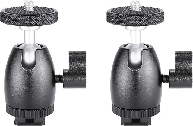 Mini Tripod Ball Head, Ruittos 2 Packs 1/4 inch Screw Lighting Tripod Ballhead with Lock and Hot Shoe Adapter for Camera LED Light, LCD Monitor, on-Camera Microphone, Sony A6400 DSLR Camera, Video