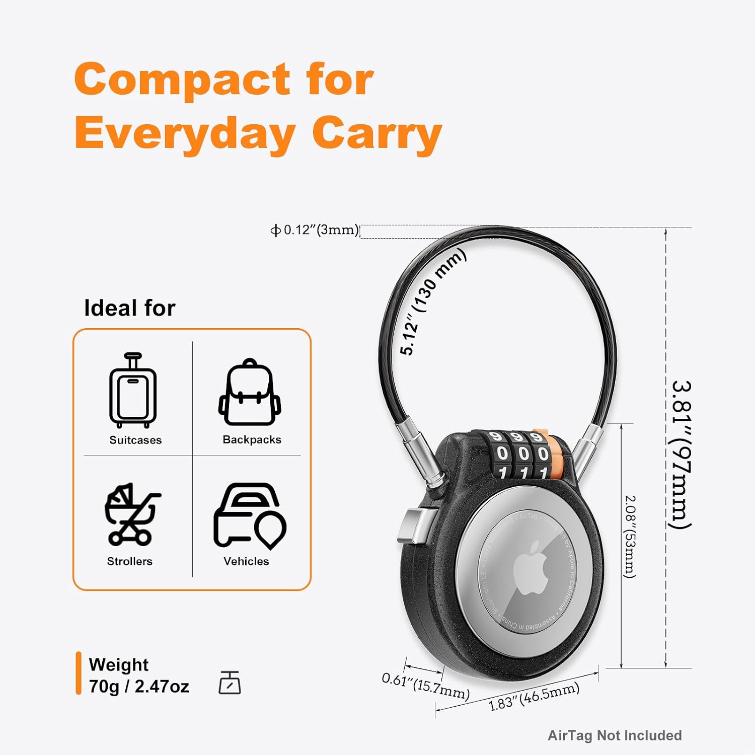 DRESSUP AirTag Holder with Combination Lock Compatible with Apple AirTag | Lockable Metal AirTag Case with Steel Cable, Resettable Combo, Secure Tracker & Lock for Luggage Backpack Suitcase Stroller