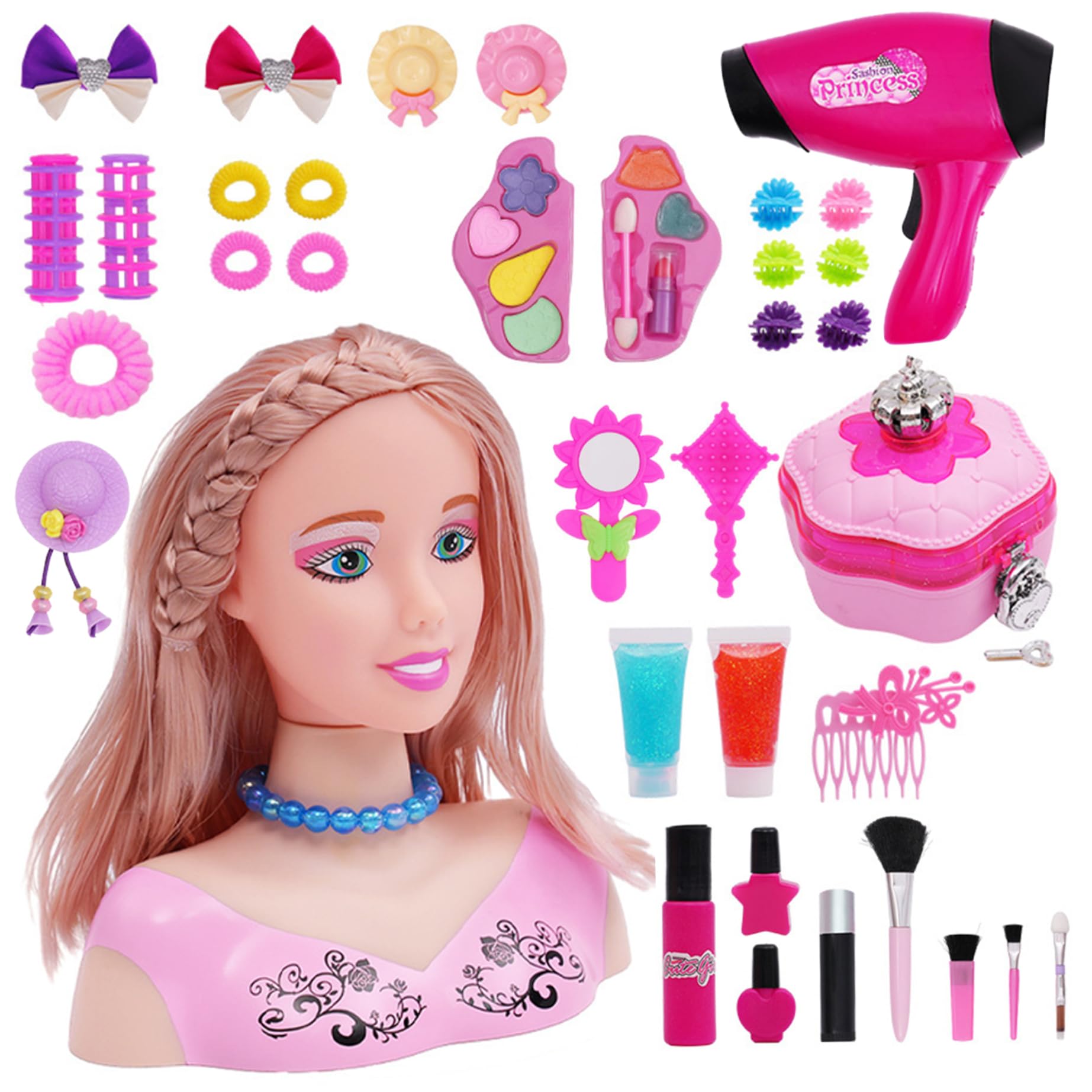Cabeza de muñeca con Estilo para niños, 39 Unidades/Juego, Cabeza de muñeca con Estilo de Pelo Seguro para niñas, Juego de peluquería con Accesorios para el Cabello para niñas