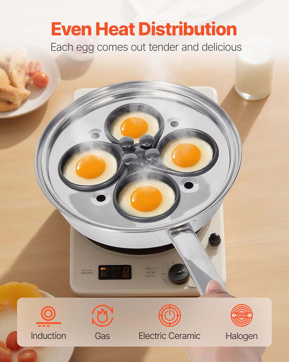 VEVOR Egg Poacher Pan, 4-Cup Poached Egg Maker, Stainless Steel Poaching Pan and Frying Skillet, with 4 Nonsitck Detachable Large Cups, Lid, and Silicone Spatula, Compatible with Induction Stovetop