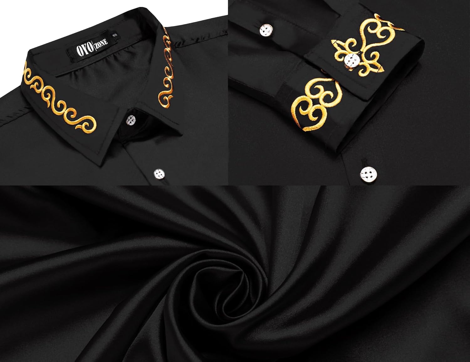 Men's Luxury Satin Dress Shirt Shiny Embroidery Silk Long Sleeve Button Up Shirts Prom Wedding Party Shirt - Image 5