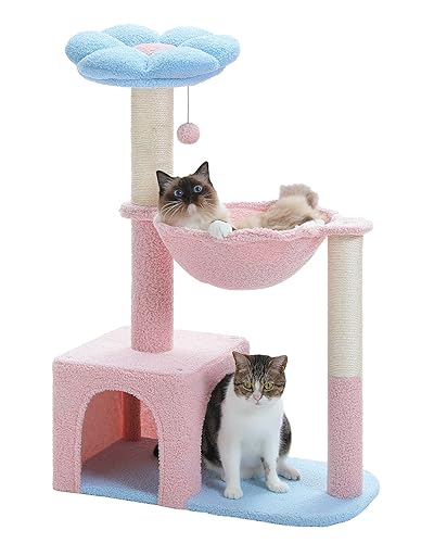MUTTROS Flower Cat Tree with Large Metal Frame Hammock, 35" Pink Cat Tower with Sisal Scratching Posts for Small Indoor Cats, Cat Condo with Blue Top Perch for Kittens, Fluffy Ball, Pink - 35" Upgraded Flower Cat Tree - Blue