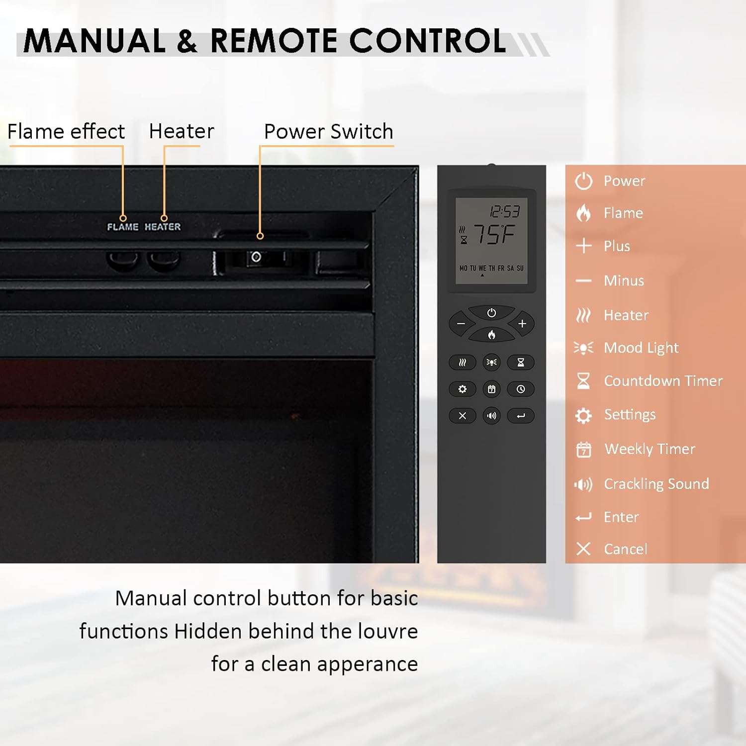 Close-up of manual controls and remote control for the electric fireplace
