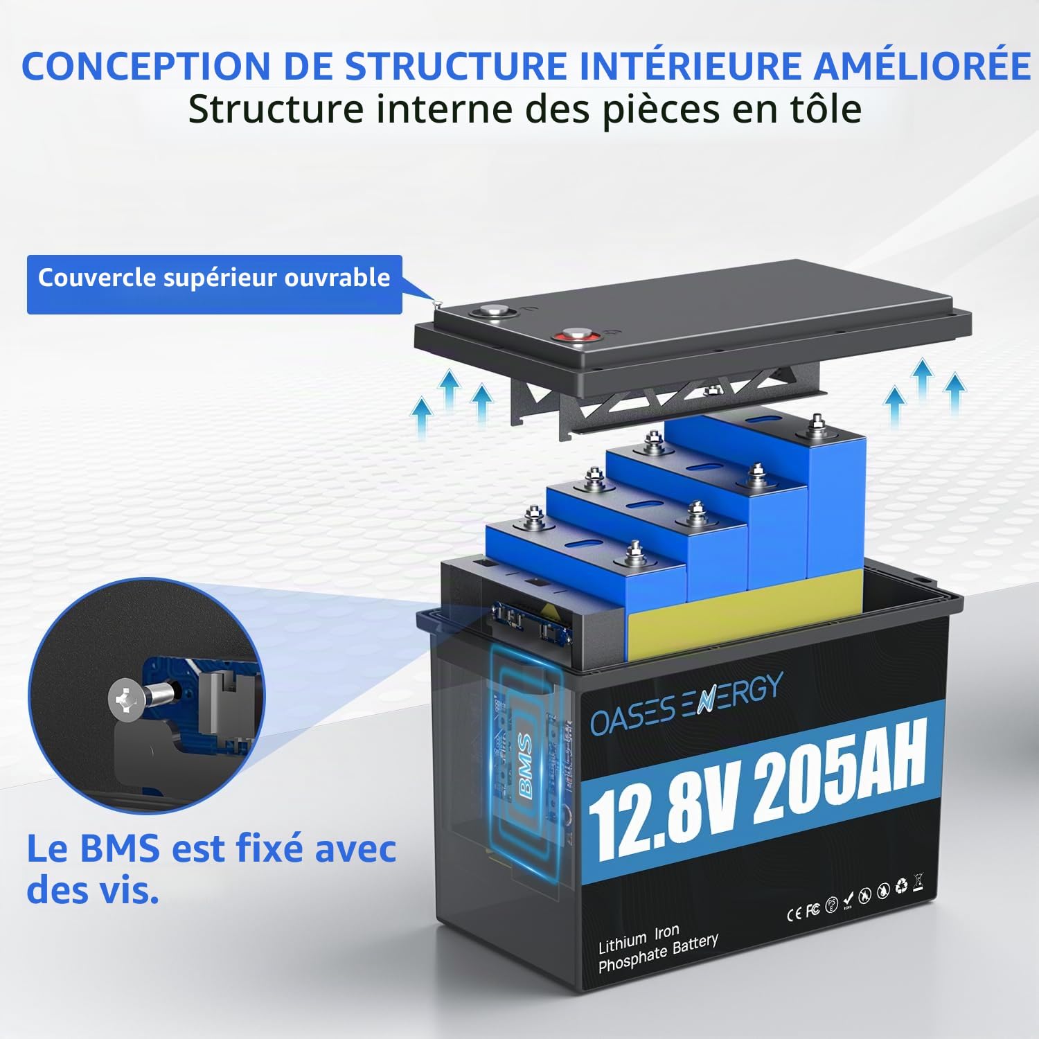 Bluetooth 12V 200Ah(205Ah) LiFePO4 Batterie, BMS 200A amélioré, jusqu'à 15000 Cycles, Batterie au Lithium 2624Wh, pour Les systèmes solaires Camping-Cars, caravanes, Bateaux, Camping