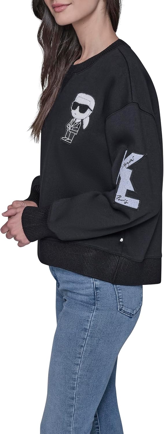 KARL LAGERFELD womens Long Sleeve Crew Neck Karl Patch Fleece Sweatshirt - Image 3