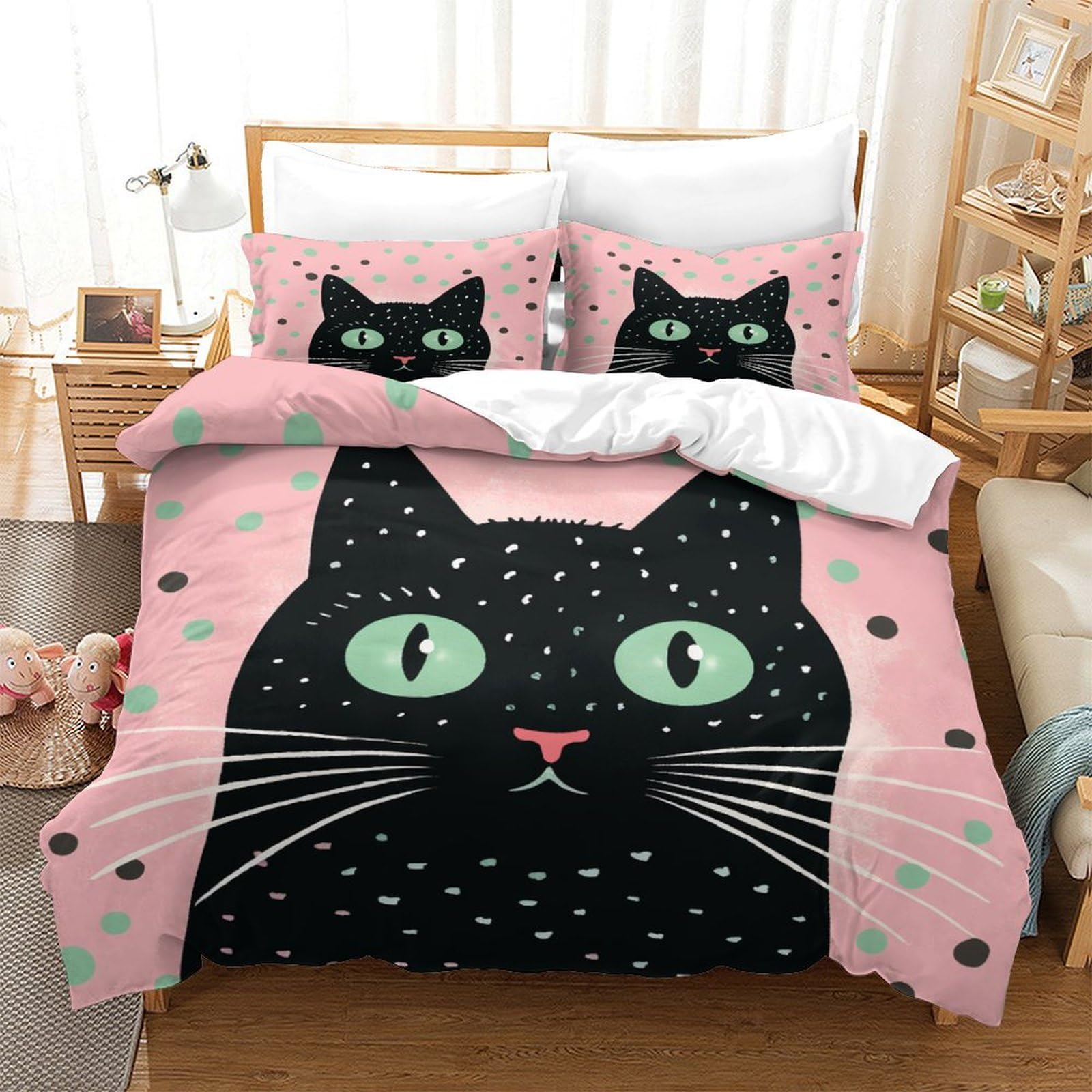 P1S9U7W5Y Trendy Cute 3D Printed Black Cat Duvet Cover Set 3pcs Microfiber Cat Bedding Set King