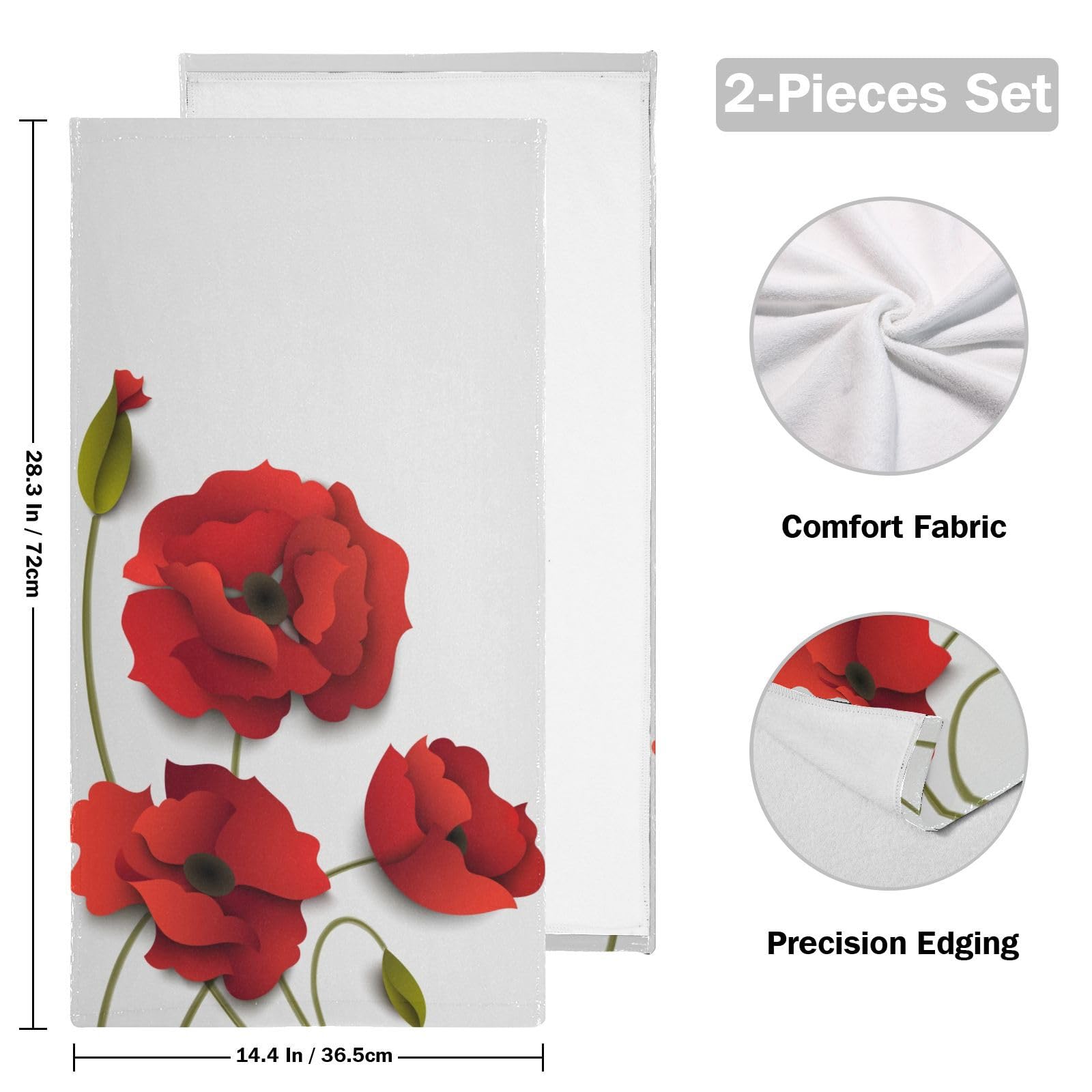 QINBEIDU Poppy Flower Hand Towels for Bathroom Set of 2 Beautiful Red Poppies Flowers Guest Bath Hand Towel Kitchen Dish Towels Spa Home Bathroom Decorations 14.4