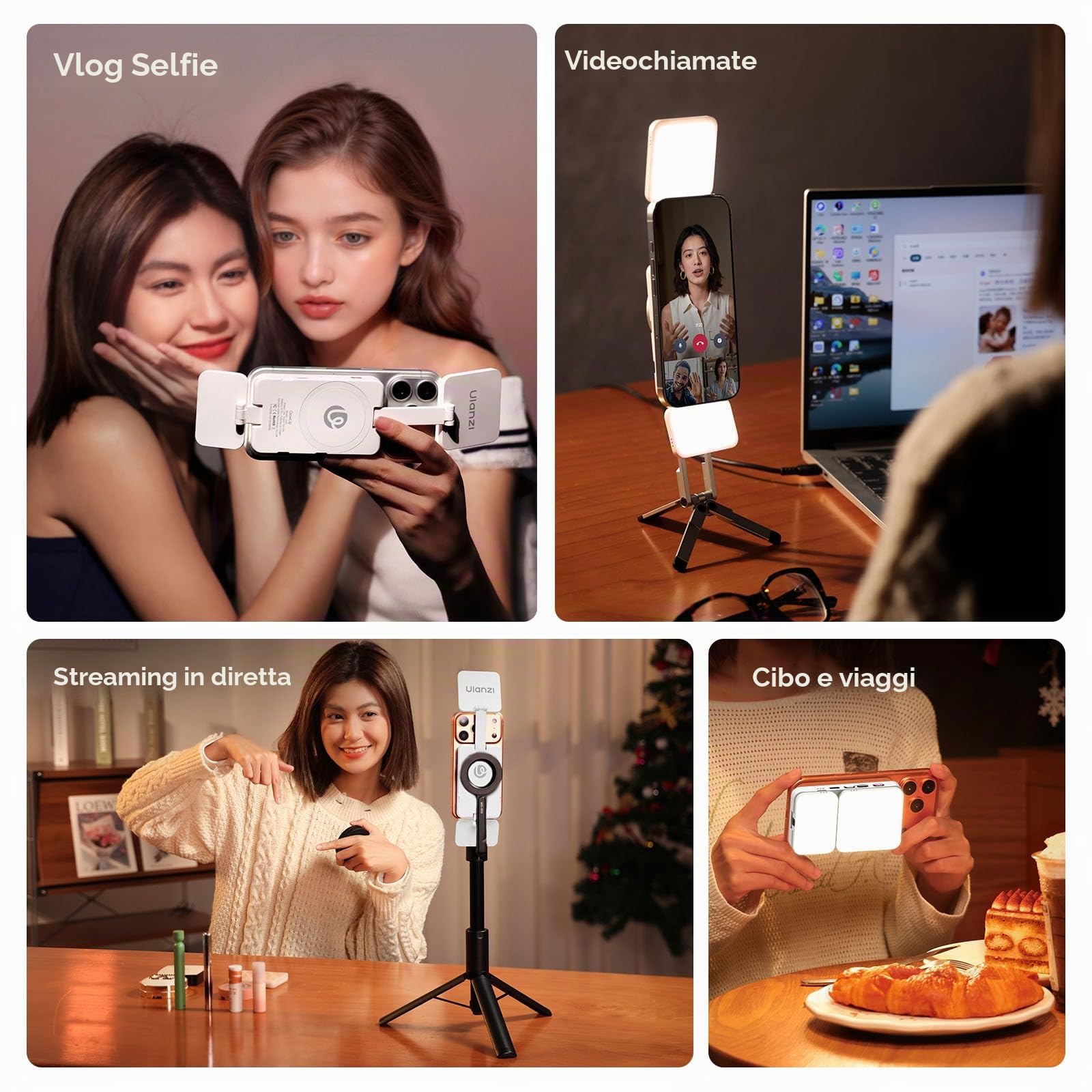 ULANZI GL01 Luce per telefono, Phone selfie light quadrati con asta regolabile a 45°, 2500K-6500K, Luce fotografica portatile per riprese nightout, Compatibile con iphone 17/16/15 non promax
