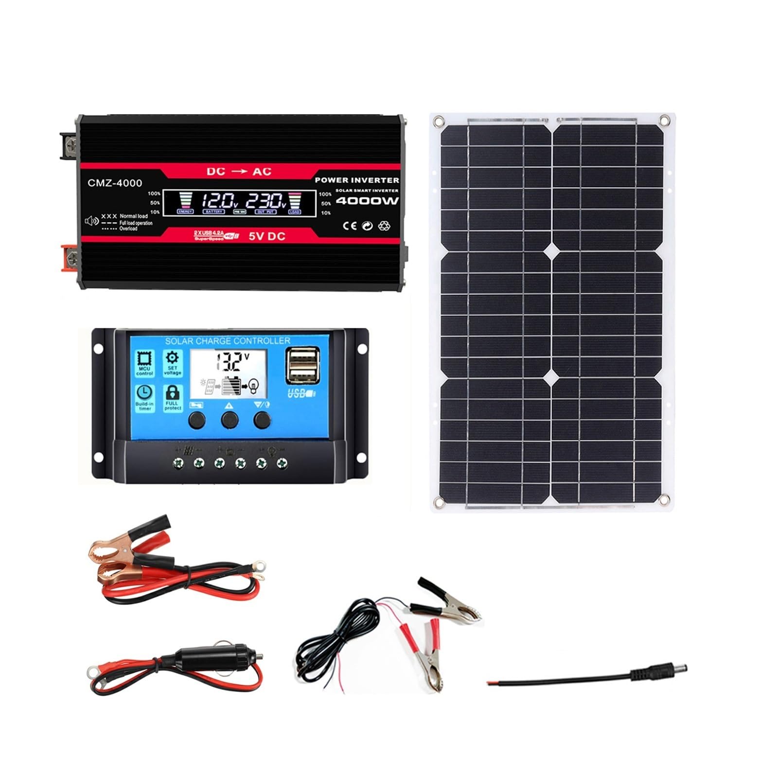 Kit Solaire 110V/220V 4000W Pour La Maison Système D'alimentation Solaire Complet Onduleur 4000W Et Contrôleur 30A + Panneau Solaire 18W18V Kits De Panneaux Solaires Complets Pour Camping-cars(Black,1