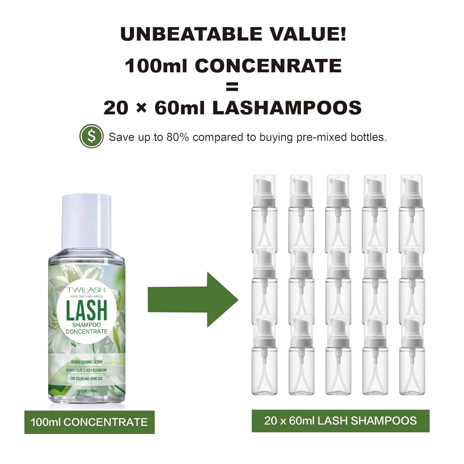 TWILASH 100ml/3.4 fl.oz Lash Shampoo Concentrate with Wash Bottle - Oil-Free Eyelash Extension Cleanser - Non-Irritating Foam Bath & Makeup Remover - Bulk Salon Refill (Jasmine, Makes 20 Bottles)