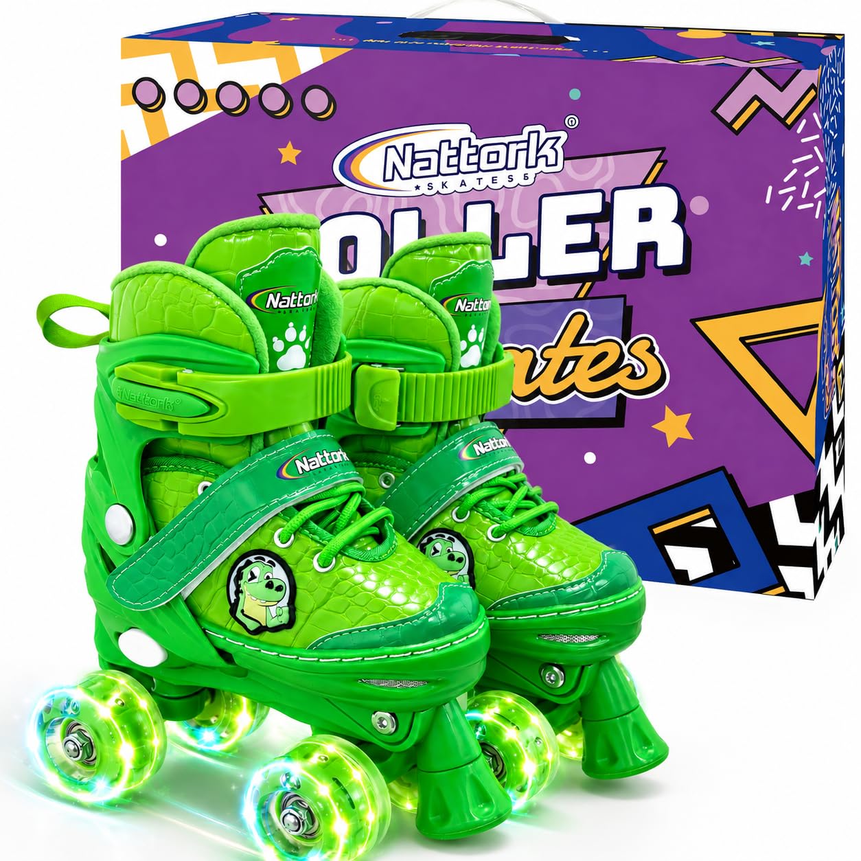 Nattork Pattini a rotelle per bambini, ragazzi e ragazze, 4 misure regolabili, con ruote illuminate, regalo di compleanno per sport all'aperto e al chiuso