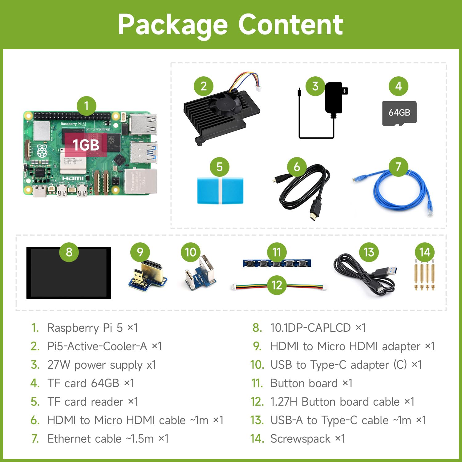Waveshare RPI5-1GB Display Kit A, Bundle with Raspberry pi 5 1GB, 10.1inch HDMI Display (1280x800 Resolution, 10-Point Touch), Cooler, TF card 64GB and so on