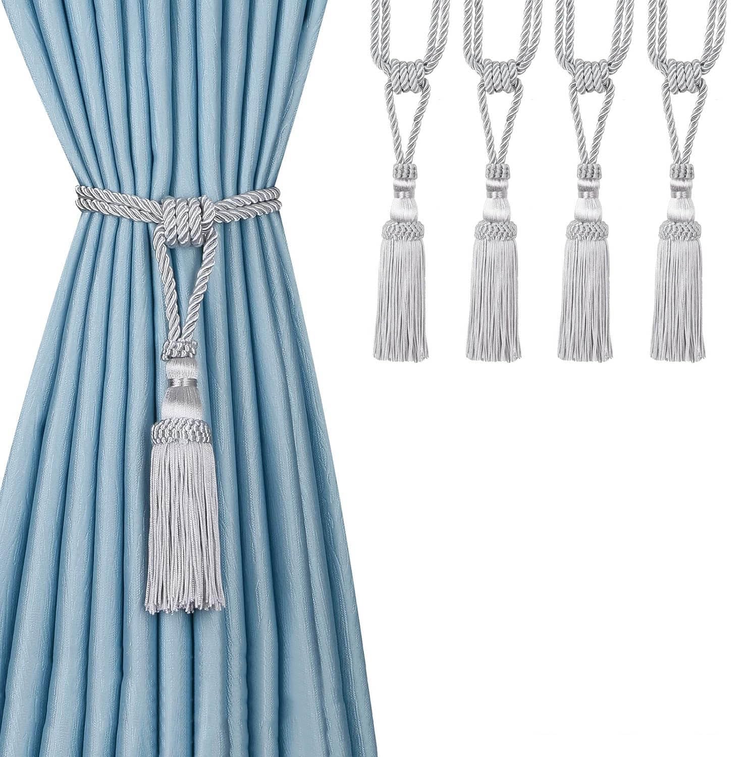 BEL AVENIR 4PCS Curtain Tassel Tiebacks, Handmade Tassels Curtain Tie-Backs Rope Holdbacks for Home Office Decor-Silver