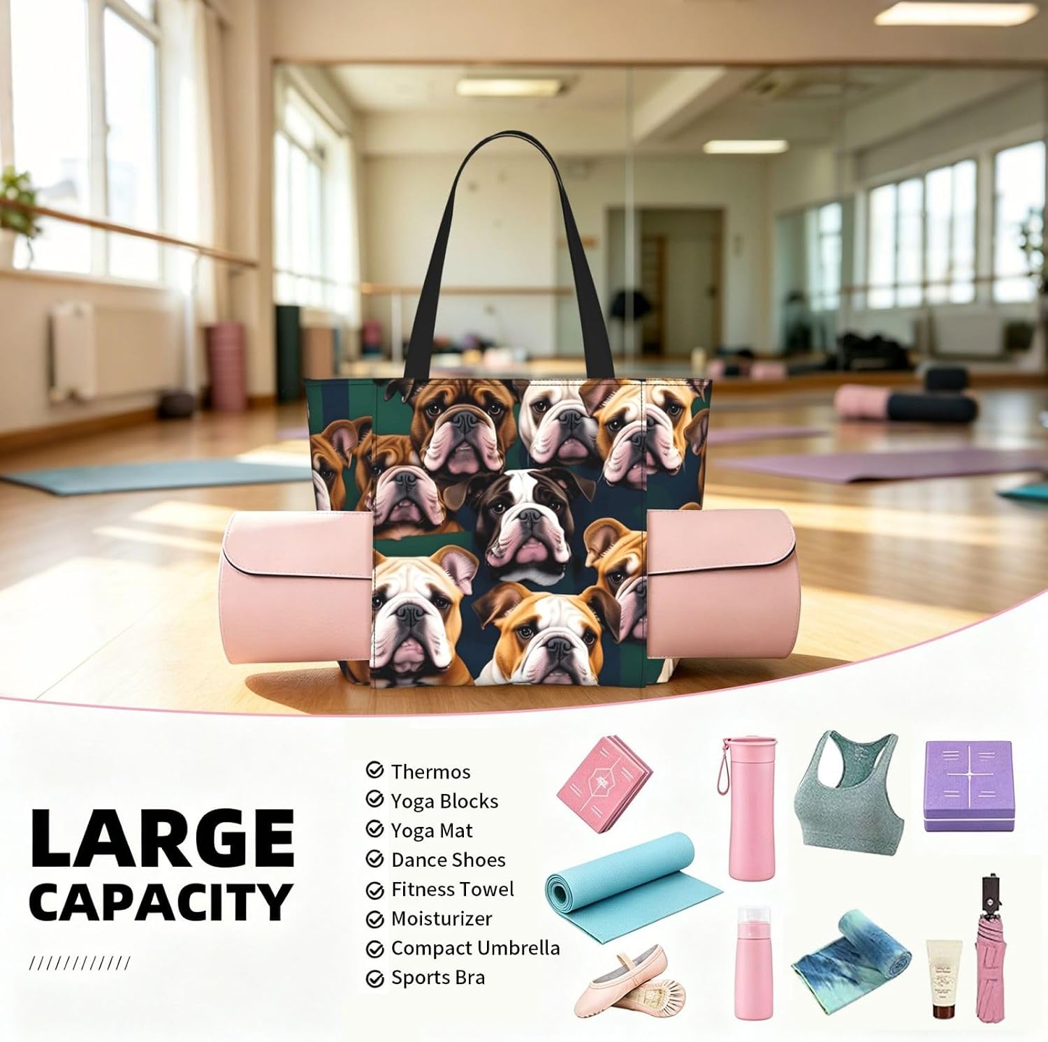 Cute English Bulldog Print Women Yoga Bag One Shoulder Lightweight Large Capacity Daily Workout Outdoor image 4