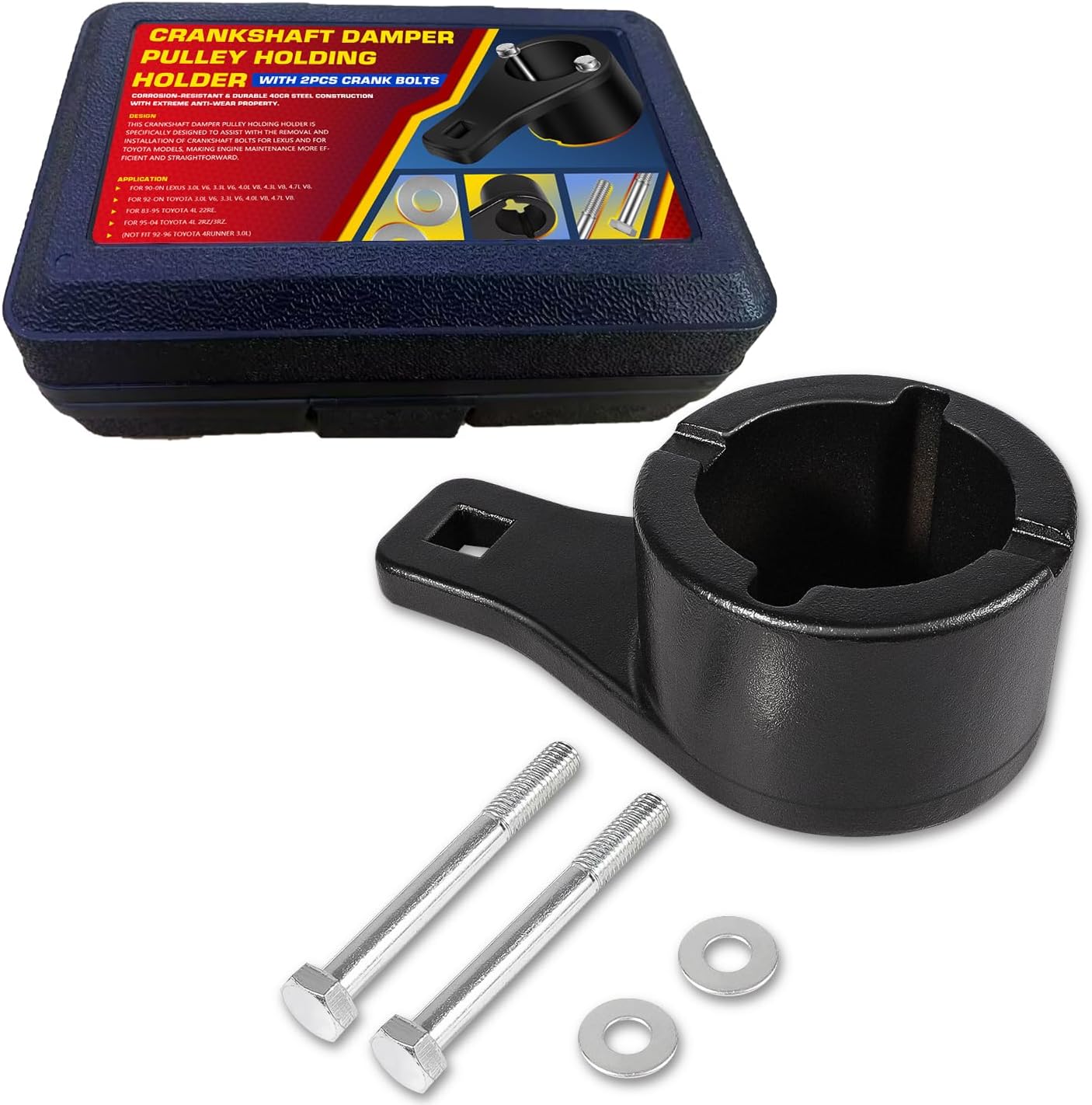 Fits Toyota/Lexus Crankshaft Damper Pulley Holding Tool with 2 Crank Bolts -Exquisite Storage Box- Multiple Engine Models, Professional Installation & Removal Tool