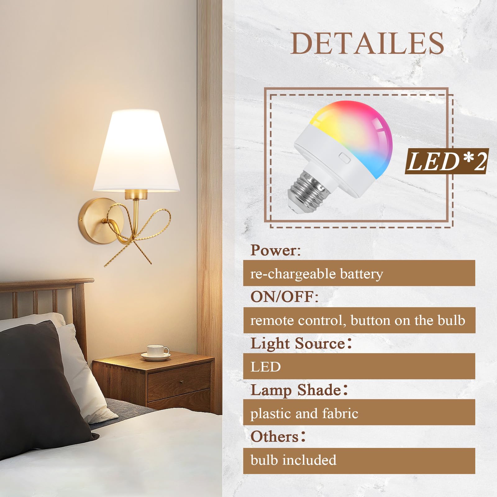 ADISUN Wall Sconces Sets Of 2 RGB Battery Operated Wall Sconces For Bedroom Dresser Classic Golden Wall Lamp - View #9
