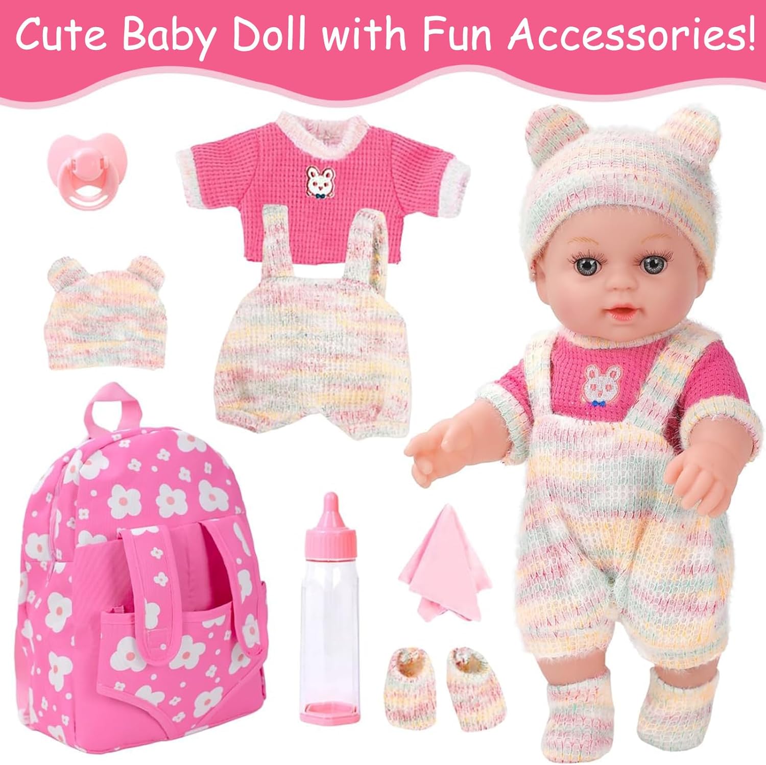 12'' Baby Doll with Backpack in Gift Box, Baby Doll Accessories Set Included 12 Inch Cute Realistic Baby Dolls, Clothes, Carrier, Washcloth, Bottles, Nipple, Socks, Hats for 3+ Girls
