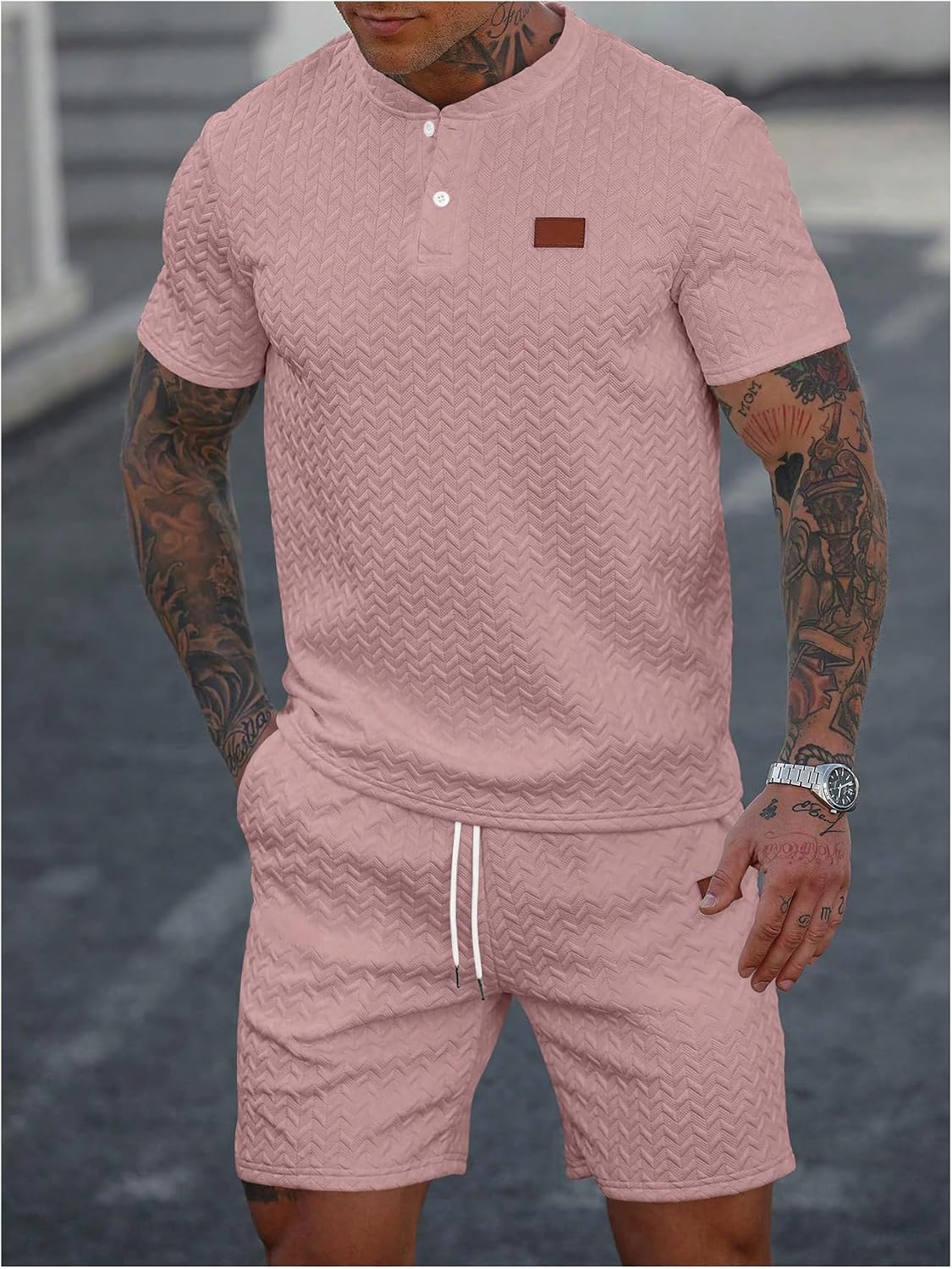 SOLY HUX Men's Summer 2 Piece Outfit Textured T Shirt and Shorts Set Short Sleeve Casual Tracksuits