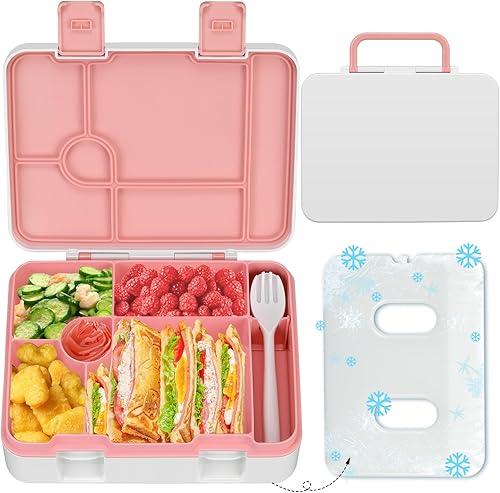 Miniatura 12 de Fiambrera Bento para niños con paquete de hielo, caja Bento a prueba de fugas de 5 compartimentos con utensilios, capacidad de 5.5 tazas para