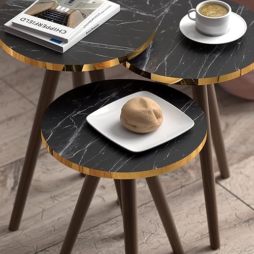 Miniatura 5 de Juego de 3 anidados redondos, aspecto moderno de grano de madera con base negra para mesas de centro de sala de estar o mesitas de noche, mesa