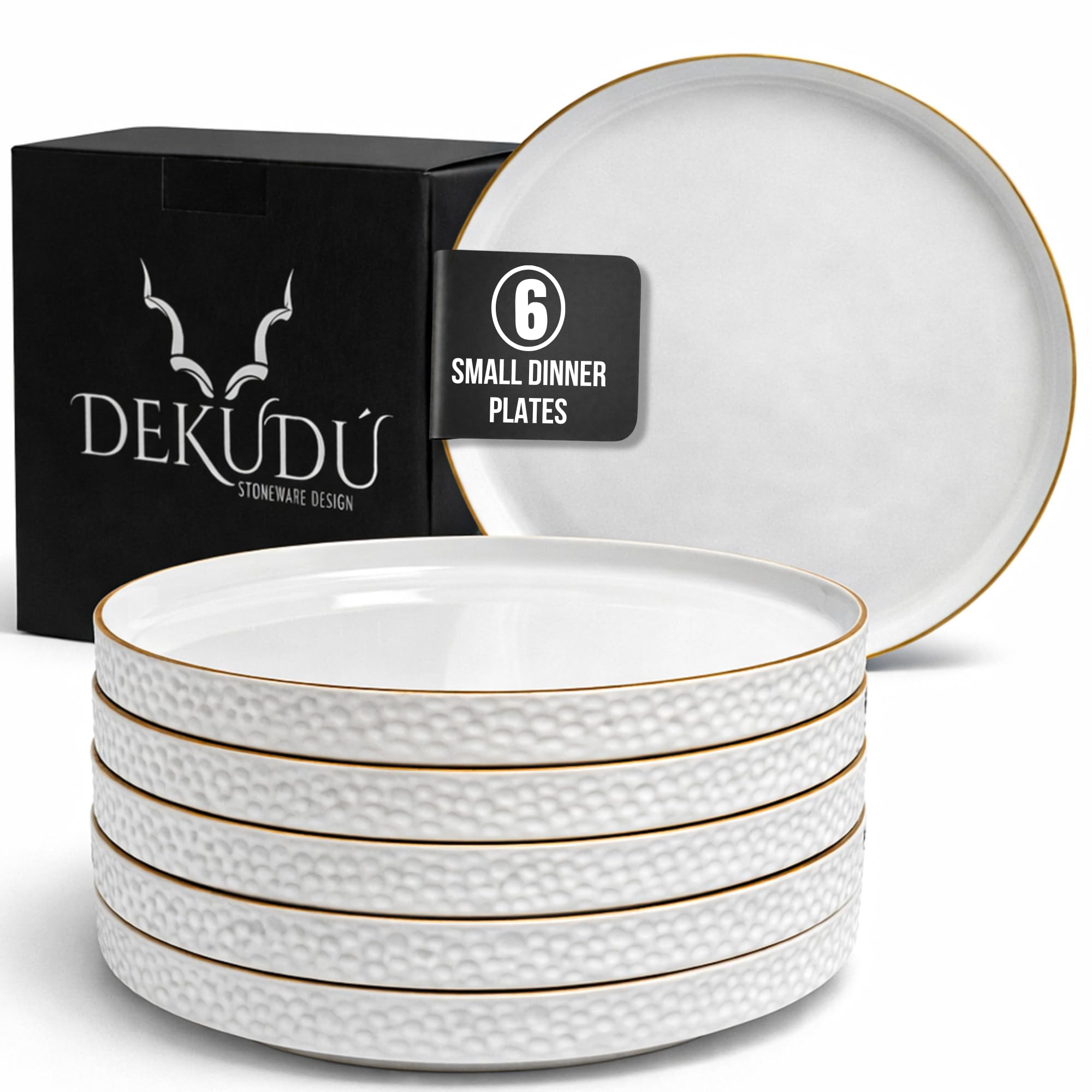 DEKUDÙ Dinner Plates Set Dinnerware Sets - Quality Stoneware Dinner Set - Handcrafted - 6 Pieces 7,87"/20cm - High Hardness Dishwasher and Microwave Safe - Modern Style - White Color