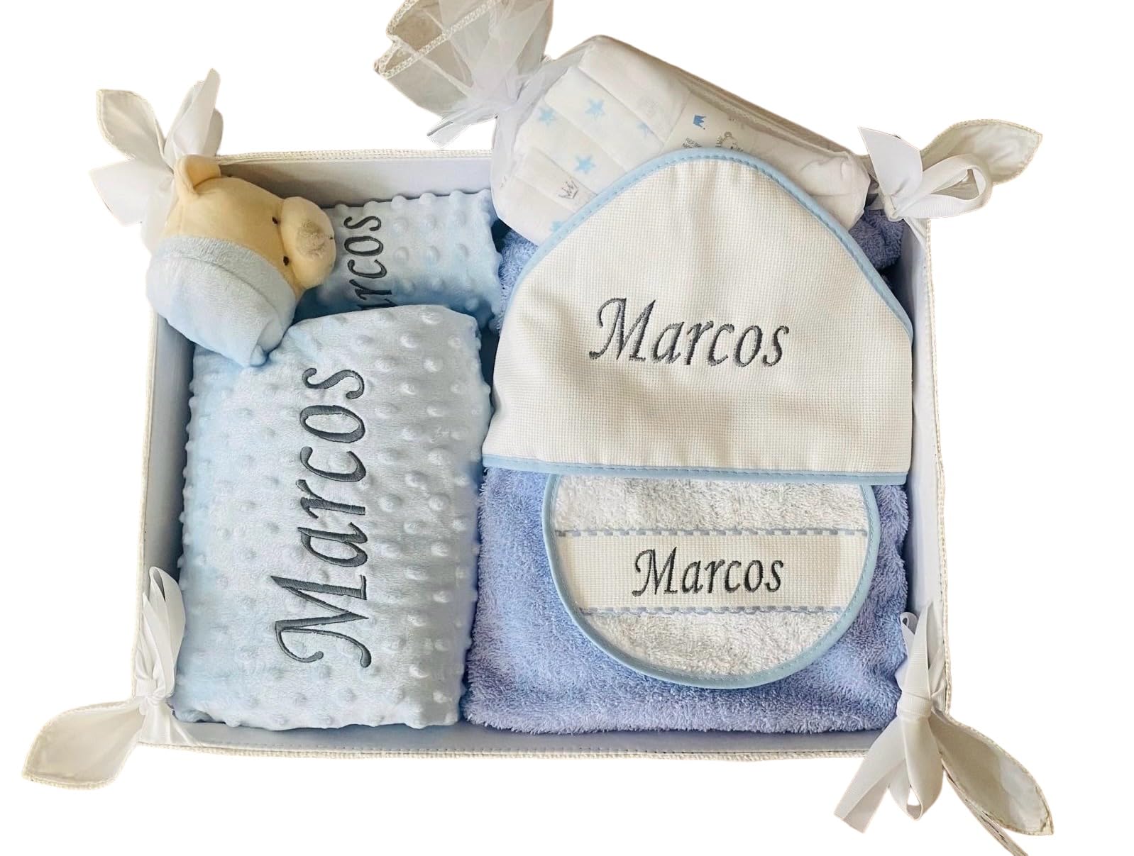 Danielstore - Canastilla Bebé Personalizada | Manta y Dou Dou con Nombre | Toalla de Baño y Babero Bordados | Pack 3 Gasas | Cesta para Recién Nacidos