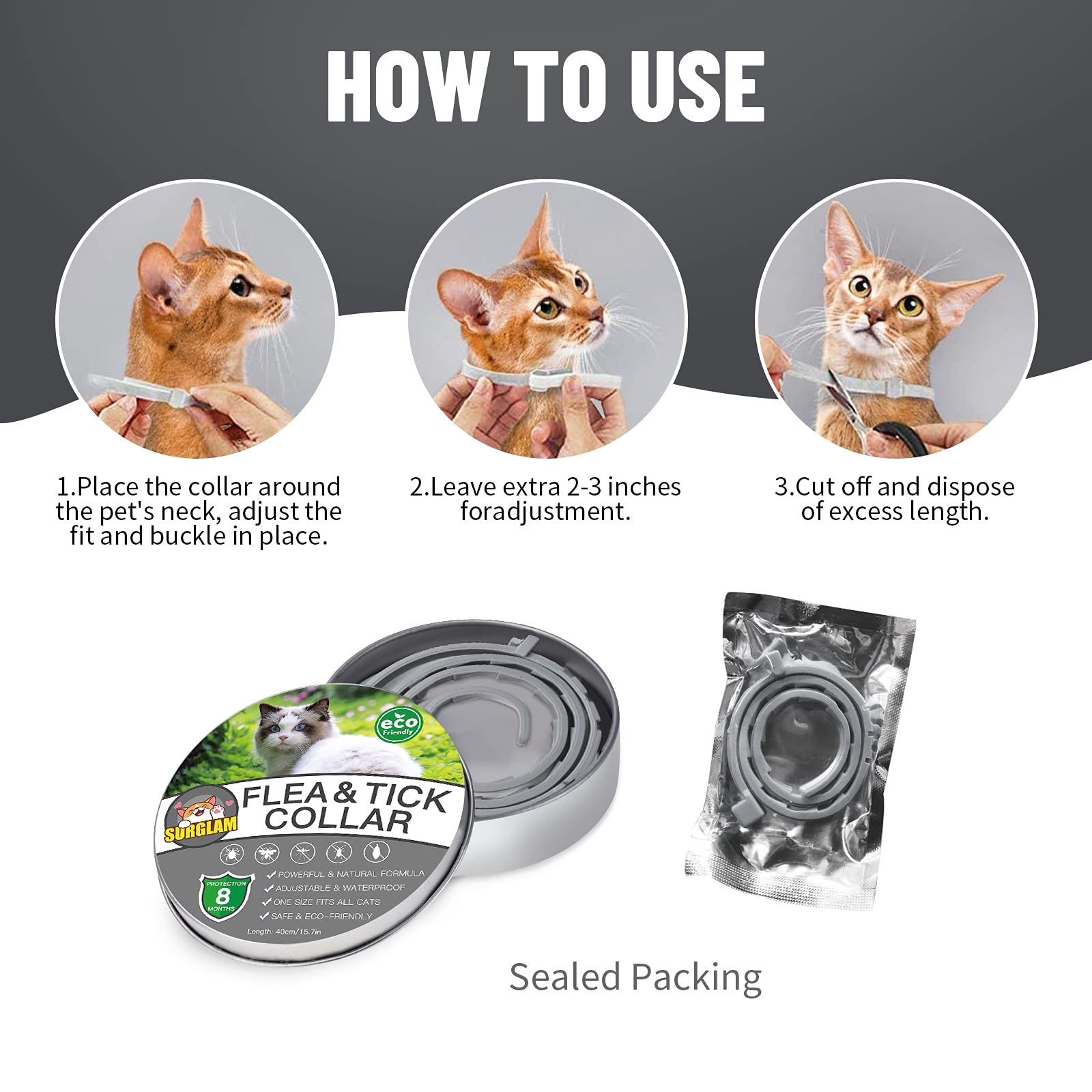 Collare Antipulci Per Gatti - Impermeabile, Protezione 8 Mesi, Misura Regolabile, 2 Pezzi Giallo