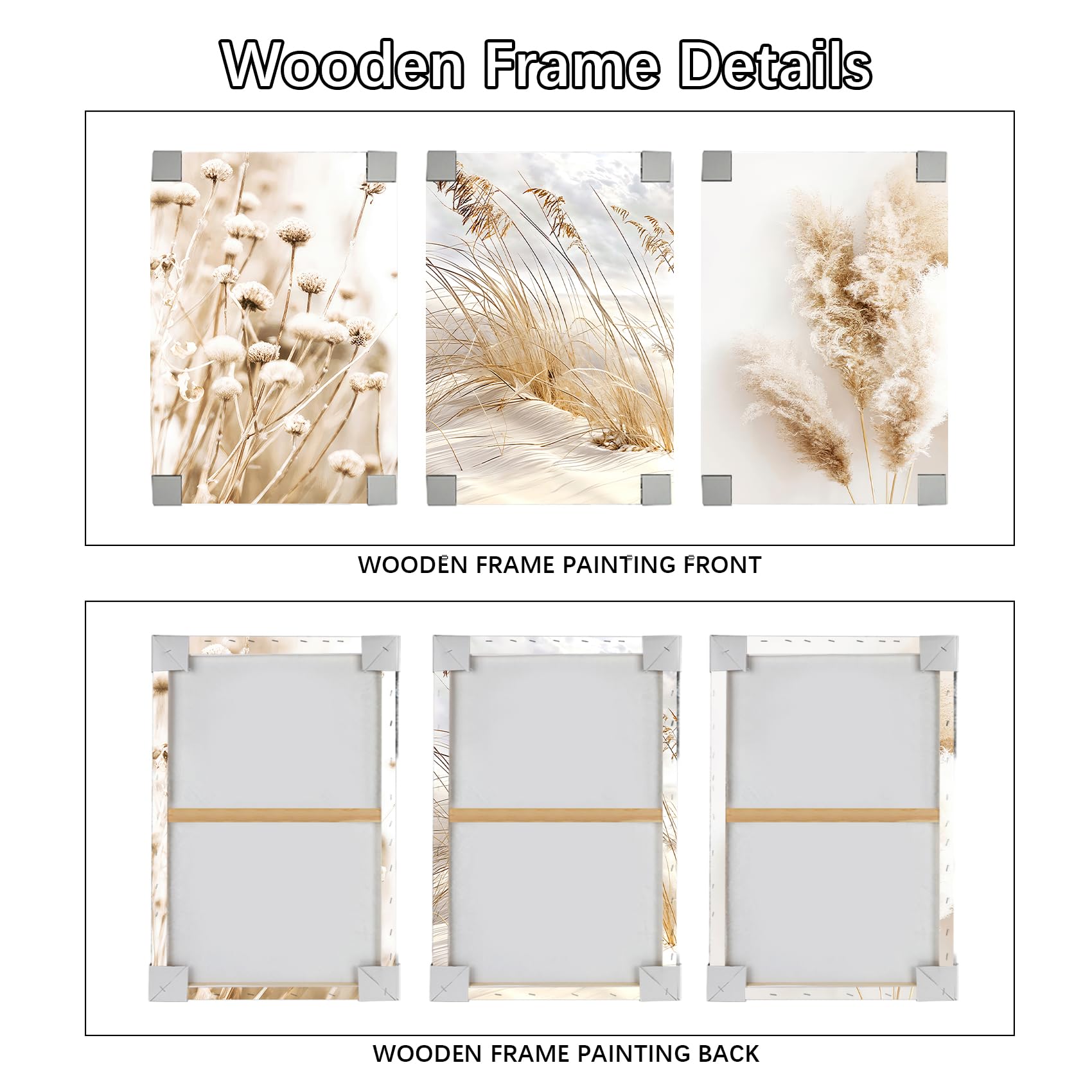 3Pcs Wooden Framed Canvas Wall Art Set Beige Dandelion Pampas Grass Reeds Painting Canvas Prints Coastal Beach Seascape Pictures for Living Room Bedroom Kitchen Hallway Stairs Wall Decor 30x40cm x3pcs — view 5