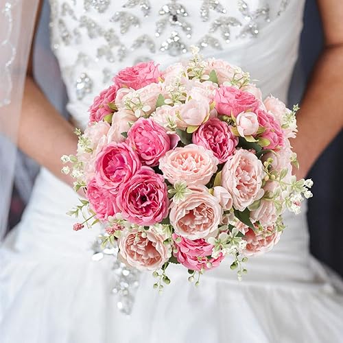 Miniatura 3 de Flores artificiales de seda, ramo de peonías sintéticas rosas, 4 paquetes de arreglos florales para decoración de casa de campo, hogar, mesa de
