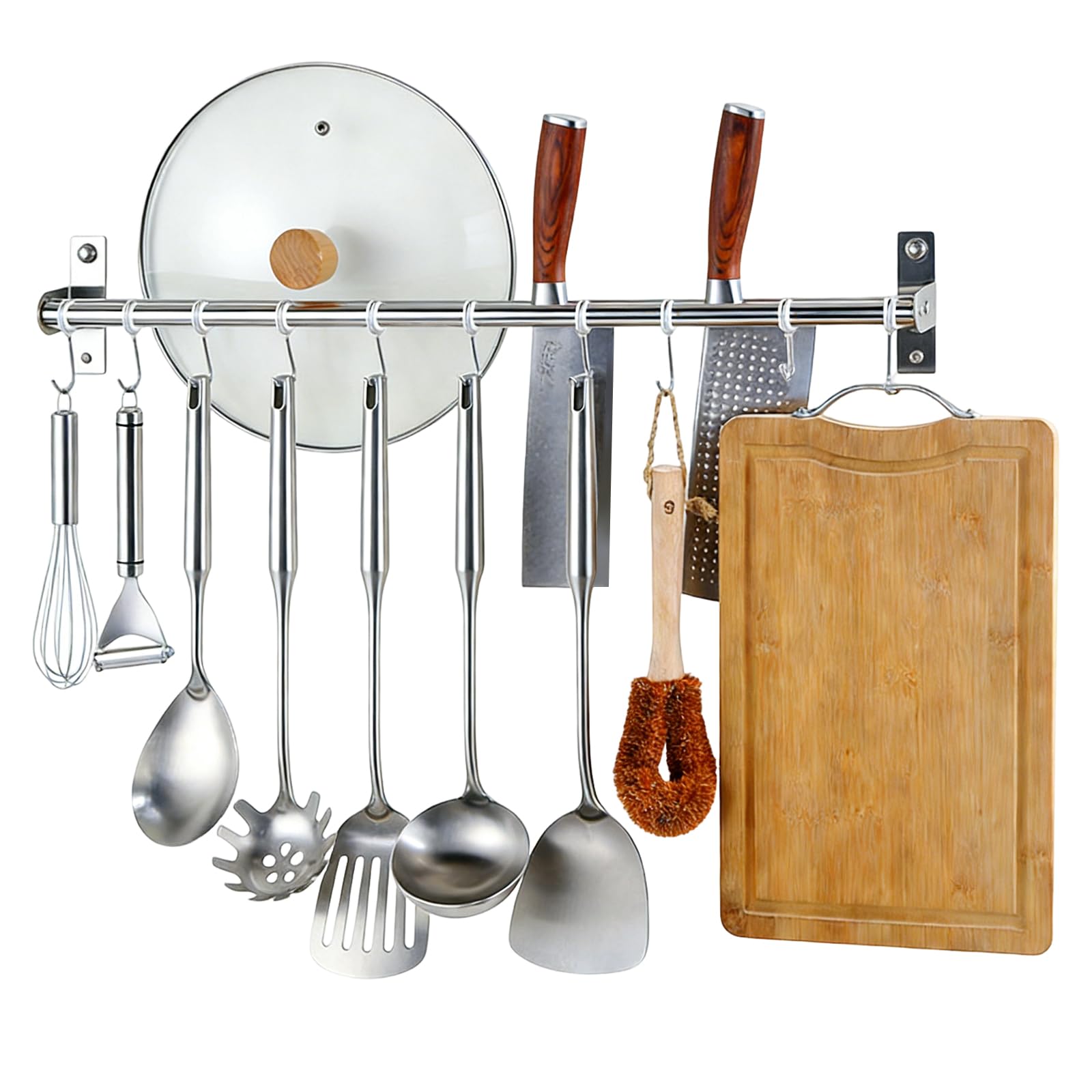 Apradas Portautensili da cucina senza foratura/foratura, con 10 ganci, montaggio a parete, in acciaio inox, per bagno, camera da letto, soggiorno (50 cm)