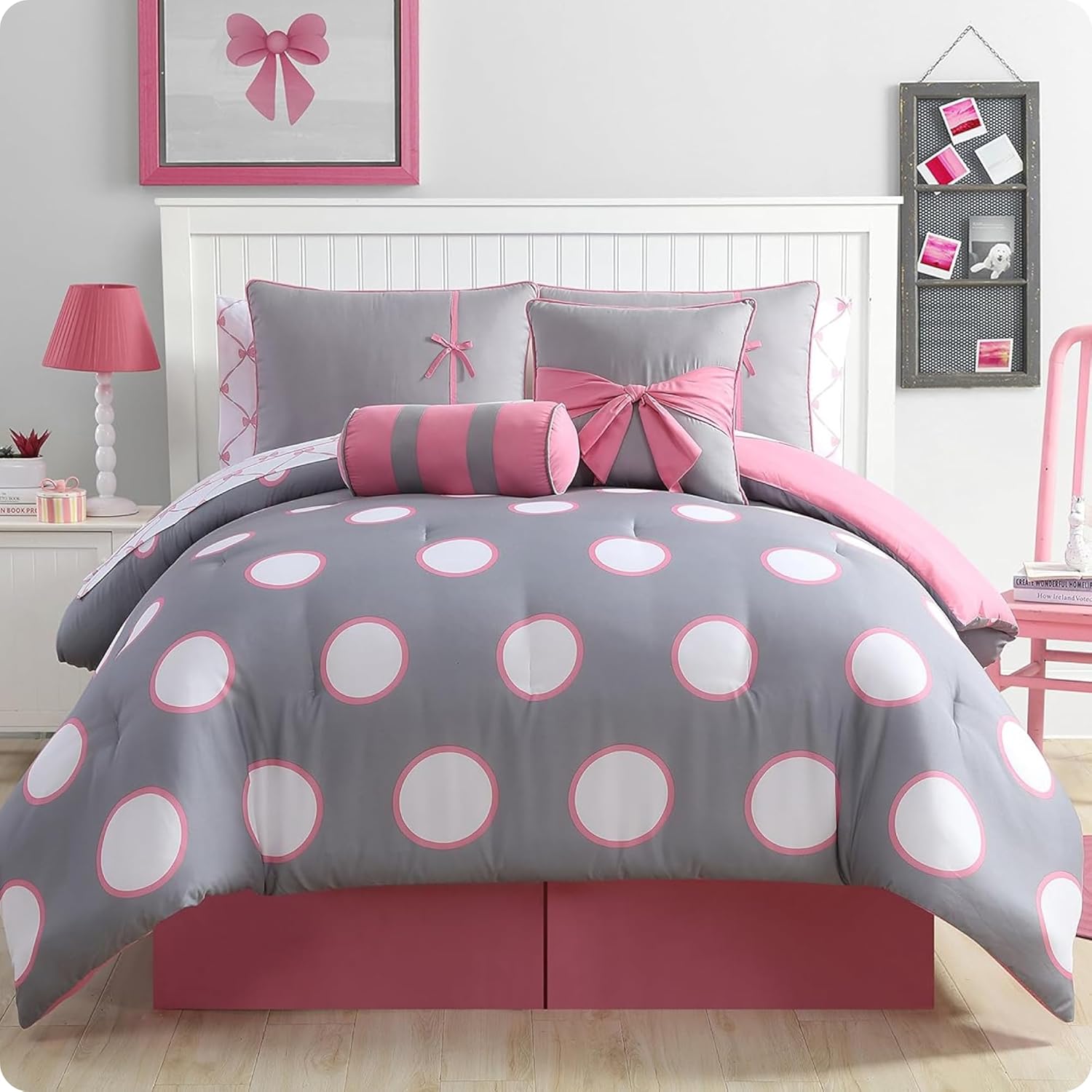 VCNY Home Twin Size Bed in a Bag, 8-Piece Bedding Set | Reversible Comforter, Pillows, Sheets & Bedskirt | Playful Polka Dot & Bow Design | All-Season Comfort | Cozy Chic Home Decor | Mina Gray/Pink