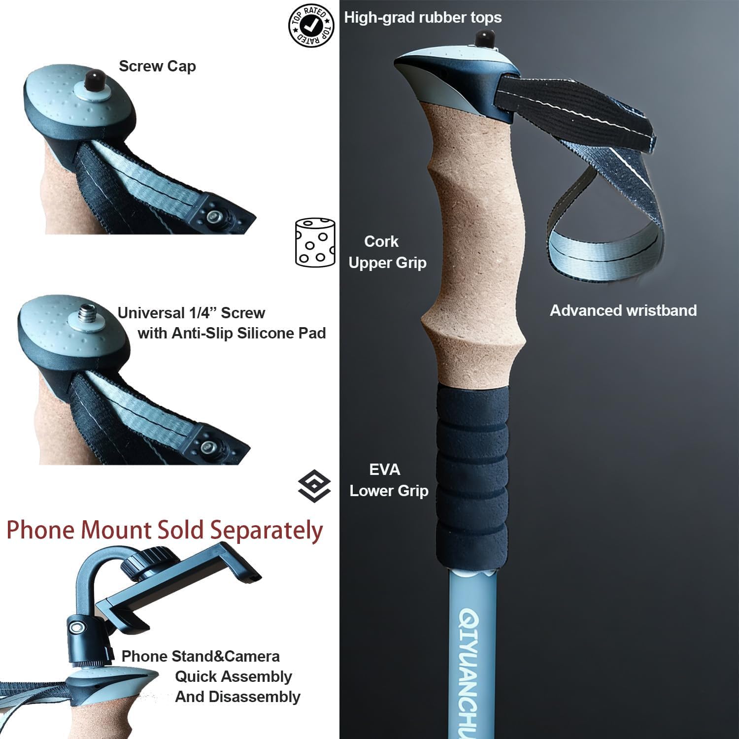 Camera Mount Trekking Poles for Women - Lightweight Adjustable Walking Sticks with Cork Grip, 1/4" Screw Thread for Phone/Action Camera