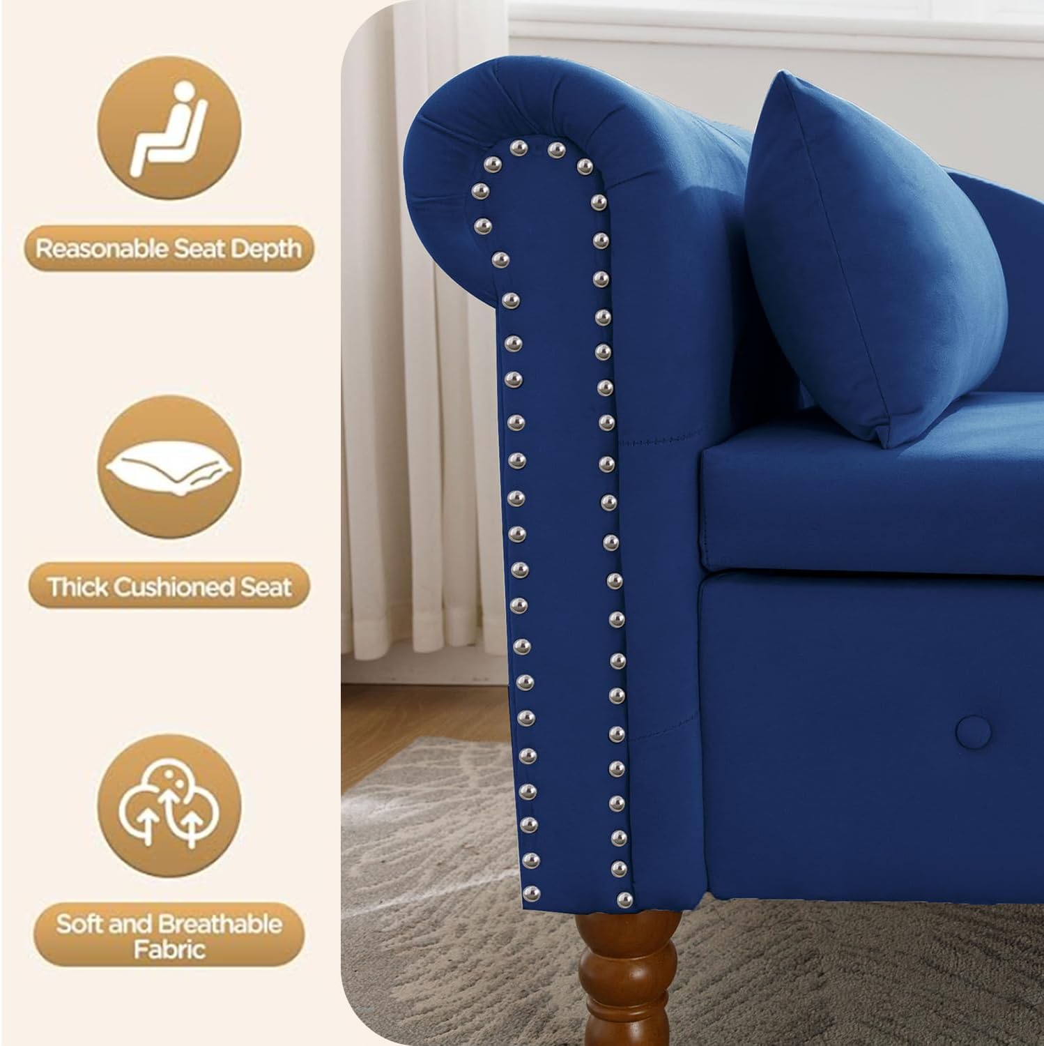 Tufted Upholstered Velvet Rolled Arm Chaise Lounges Indoor Chair, Right Arm Facing Chaise Lounge with Nailhead Trim and 1 Pillow,for Living Room Bedroom Office (Navy Blue)