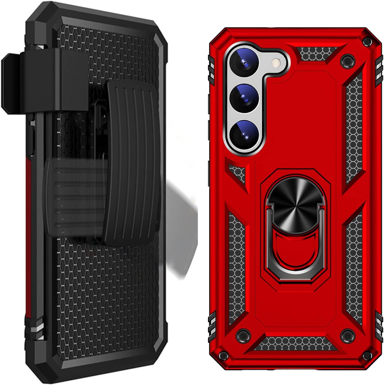 SaharaCase Military Kickstand Series Case Cover for Samsung Galaxy S23 (2023) [Shockproof Bumper] - Holder/Kickstand/Belt Clip - Rugged Protection Anti-Slip Grip Slim Fit (Red)