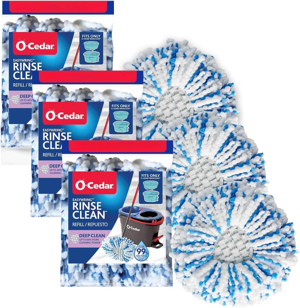 O-Cedar Genuine RinseClean Deep Clean Spin Mop Head Replacement | Machine Washable | Reusable | Microfiber Refill | 40% More Cleaning Power (Pack of 3)