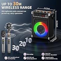Vista 5 de JYX - Máquina de karaoke con 2 micrófonos inalámbricos, altavoz Bluetooth portátil con ajuste de graves/agudos y luz LED, compatible con TWS